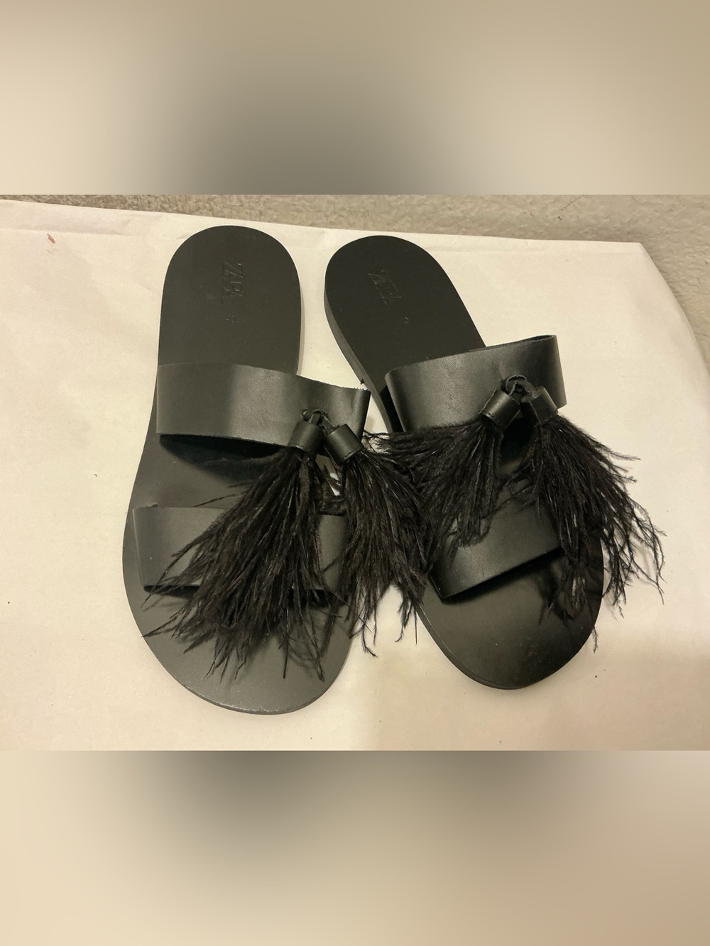 Zara Black Feather Trim Slide Sandals size 40